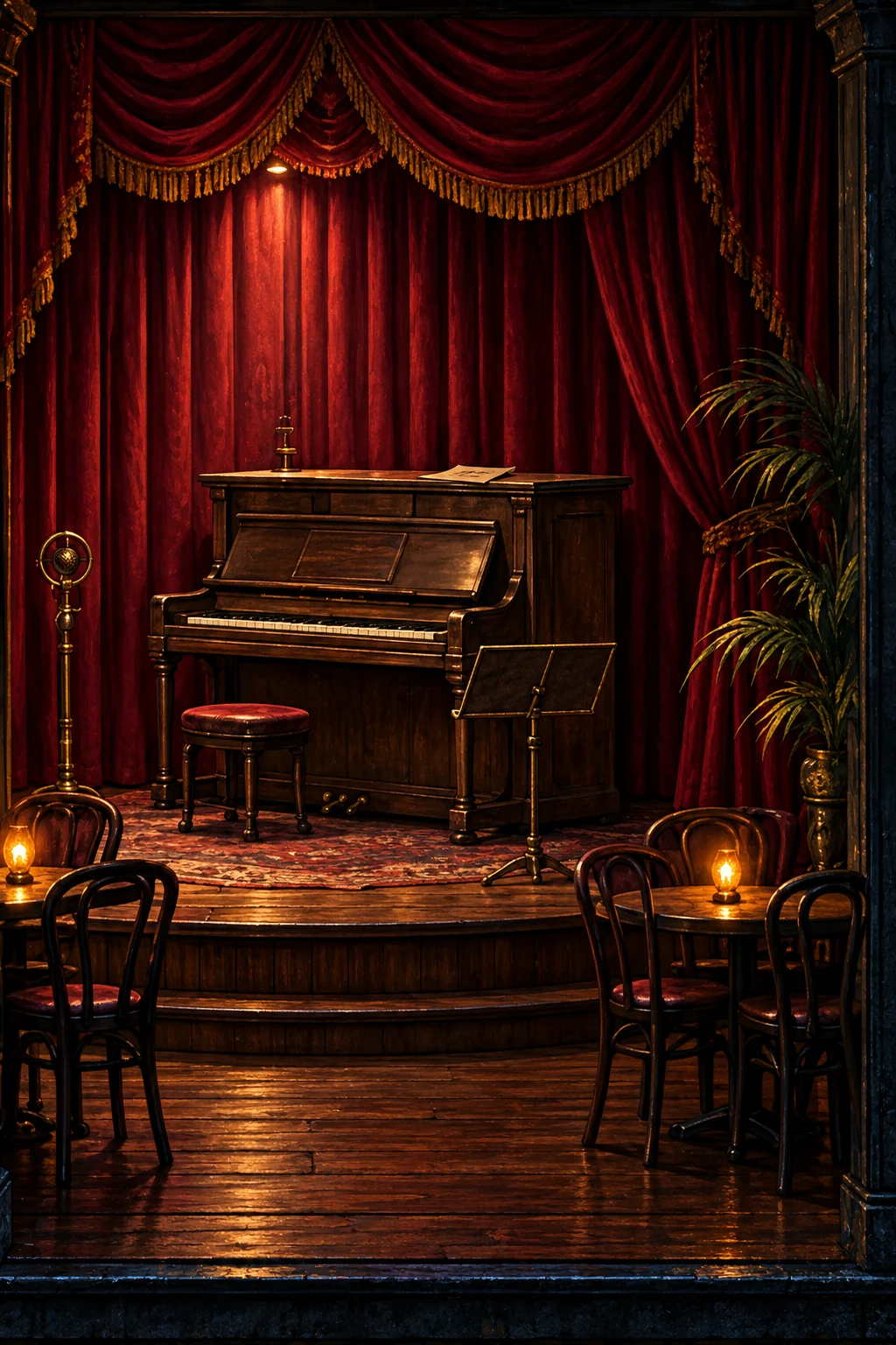 The empty stage, a piano under a red curtain